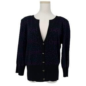 St John Animal Print Cardigan Sweater Purple Blue Black Button Front Women’s M